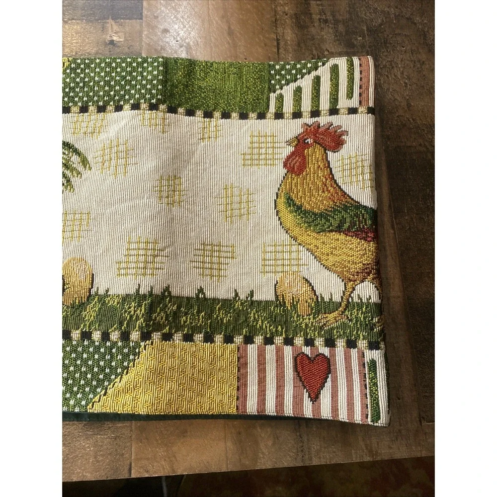 Vtg 90s Rooster Tapestry Table Runner Patchwork Hearts‎ Country Farmhouse Woven